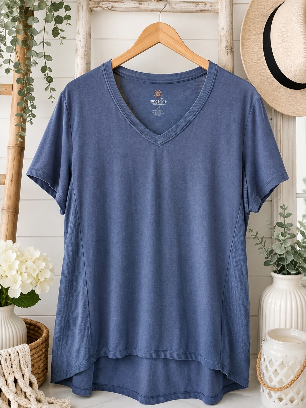 Tangerine Large Denim Blue V-Neck High Low Athleisure Tee